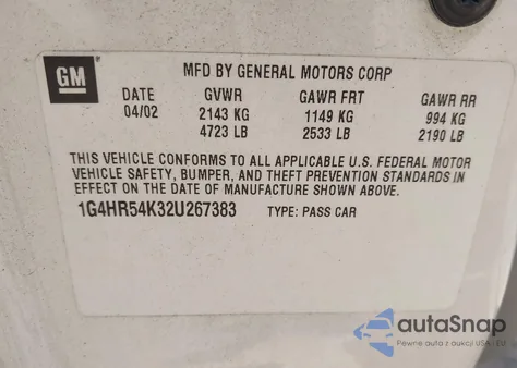 2002 Buick Lesabre Limited z USA, uszkodzony, nr VIN 1G4HR54K32U267383